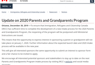 加拿大2020年父母和祖父母移民申请已推迟