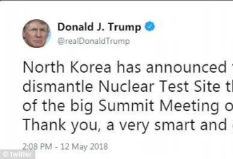 特朗普发推赞朝鲜举行核试验场废弃仪式