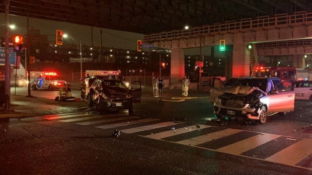 Paramedics respond to a three-vehicle collision at at Lower Jarvis Street and Lake Shore Boulevard Wednesday December 25, 2019. (Kayla William /CP24)