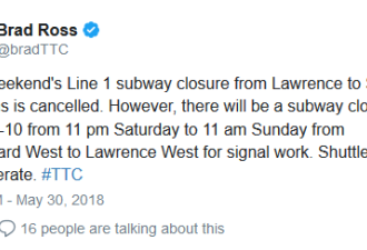 本周末多伦多地铁一号线局部关闭