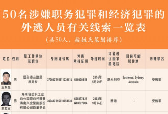 中国反腐协调小组发布50名外逃人员线索