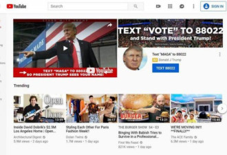 特朗普团队购买选举日当天YouTube头条