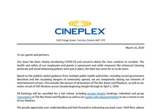 抑制新冠病毒传播&amp;#8203; Cineplex关闭全国165家影院