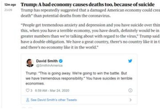 特朗普:经济糟糕导致的死亡人数会比病毒死亡多