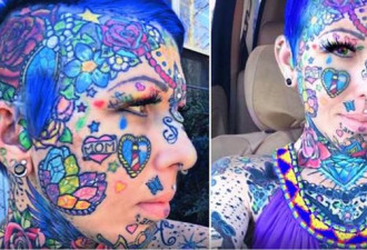 美国44岁女子从头部到身上遍布数百个纹身