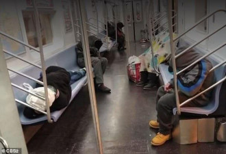 纽约地铁被流浪汉占领，不戴口罩在车上...