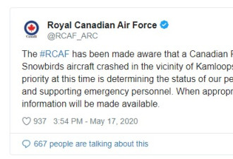 加拿大空军雪鸟在空中表演时坠机 一死一伤
