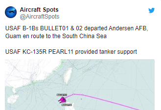 美军两架超音速轰炸机经台湾飞往南中国海