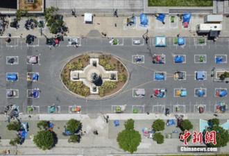 美国旧金山市政厅对面建无家可归者营地