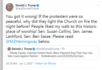 特朗普怼批评者：教堂都烧了还是和平示威？