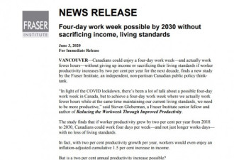 研究显示：加拿大人每周工作4天生产效率更高