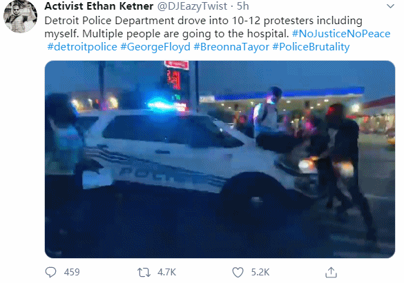 美国再现警车撞人事件，底特律多名抗议者受伤
