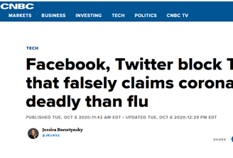特朗普称“新冠没有流感致命” 遭脸书删帖