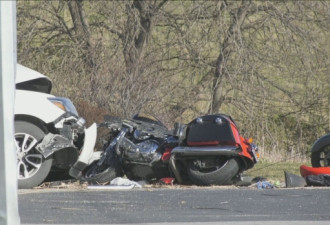 三部摩托车与SUV相撞1死3伤