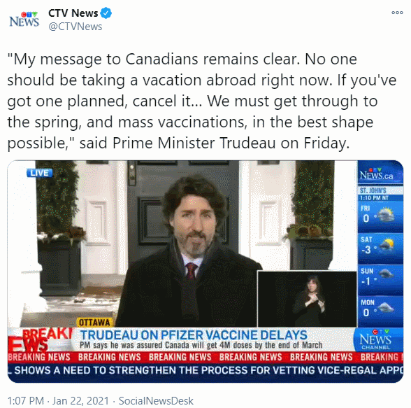 加拿大总理警告或强制入境者酒店隔离费用自理