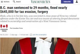 加拿大富商故意逃税被判罚65万元 坐牢2年半