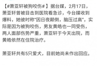 萧亚轩脸部被狗咬伤 男友伤势更重 住院治疗