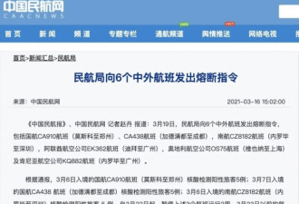 中国民航局向6个国际航班发布熔断指令