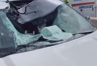 女司机401高速遇“飞轮”砸烂车顶和挡风玻璃