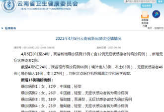 中国云南新增15例确诊和2例无症状