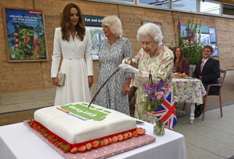 女王坚持用礼仪剑切G7蛋糕 凯特王妃哭笑不得