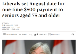 加拿大下月为所有75岁老人发放500元福利金