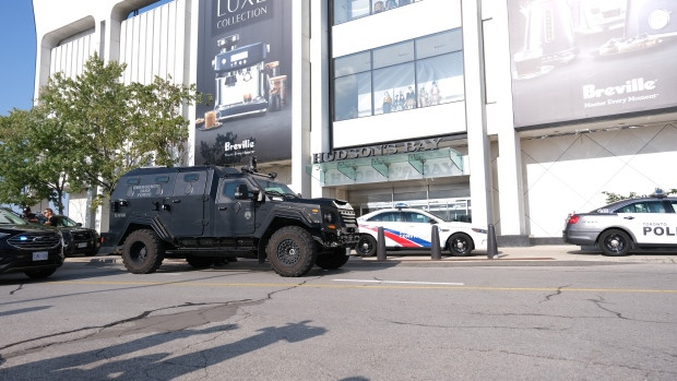 Police vehicles are shown outside Yorkdale Shopping Centre following a reported shooting on Sunday afternoon. (Simon Sheehan/CP24)