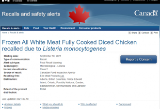 加拿大卫生部紧急召回一款鸡胸肉