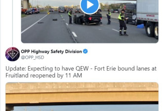 汽车追尾翻车事故致一人死亡QEW高速公路关闭
