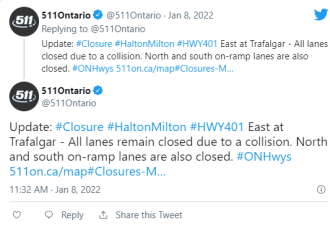 401高速Milton段车道关闭