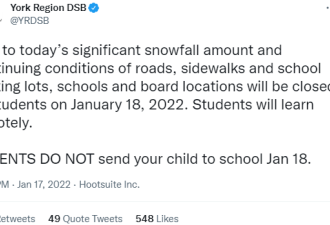 家长注意！1月18日多伦多约克区学校继续关闭