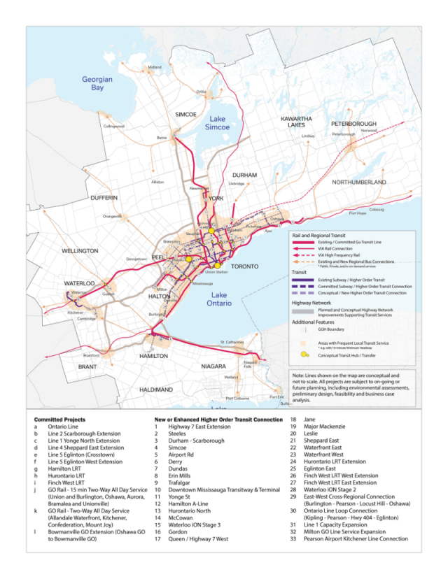 Map of the GGH illustrating current, planned and conceptual future transit infrastructure and services.