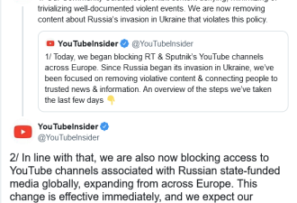 YouTube将完全封锁由俄政府资助的频道