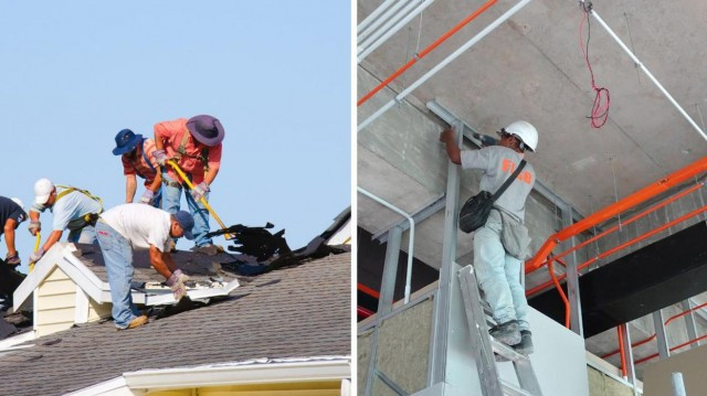 Workers on a roof. Right: Person installing drywall.