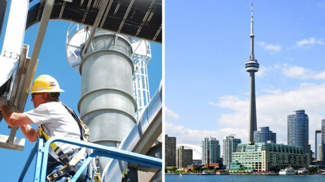 Electrician working. Right: CN Tower