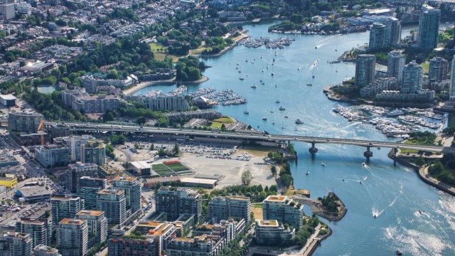 False Creek and the Cambie Street Bridge are seen from Chopper 9 above Vancouver in June 2019. (Pete Cline / CTV News Vancouver)