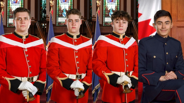 Jack Hogarth, Andrei Honciu, Broden Murphy, and Andres Salek are seen in this combination photos from the Royal Military College. The four cadets were killed in a vehicle incident on campus on Friday, April 29, 2022. (Supplied)