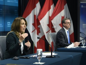 Carolyn Rogers, senior deputy governor of the Bank of Canada, with governor Tiff Macklem during a news conference in Ottawa.