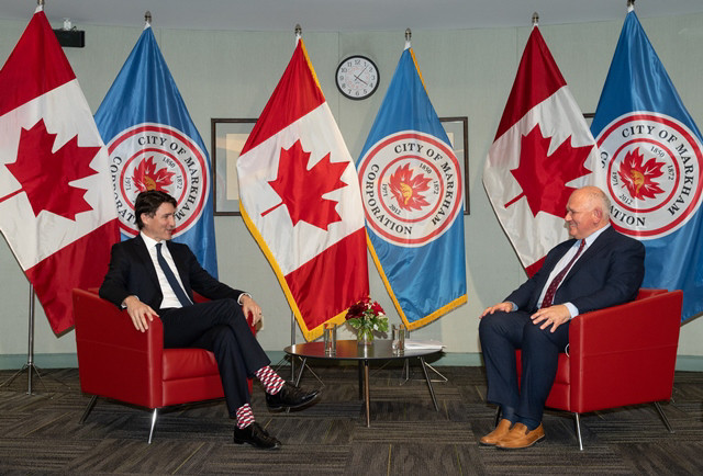 Prime Minister Justin Trudeau meets with Markham Mayor Frank Scarpitti at the Markham Civic Centre on April 29, 2022.