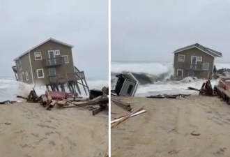美国两栋海滨别墅被海浪冲塌 房屋在海面上漂浮