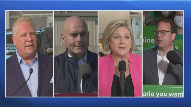 Ontario party leaders square off at 1st debate of election campaign in North Bay | Globalnews.ca