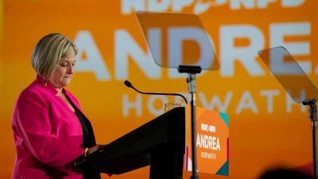 Andrea Horwath, Ontario NDP Leader, announces her resignation as party leader during her campaign event in Hamilton, Ontario Thursday, June 2, 2022. Horwath is stepping down despite the party regaining Official Opposition status. THE CANADIAN PRESS/Tara Walton