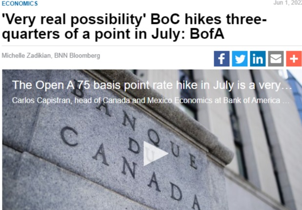 美银：加拿大央行7月非常可能加息75点