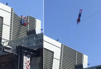 吓人！迪士尼表演出现事故！蜘蛛侠从楼顶重摔！砸坏几层楼！