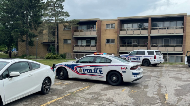 A toddler was rushed to hospital in the afternoon of June 20, 2022 after falling from the upper level of an apartment building located on 54 Genevive Crescent. (Gerry Dewan/CTV News London)