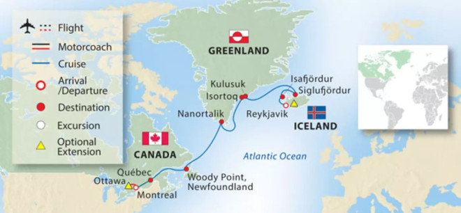 Cruise ship route from Ottawa to Greenland and Iceland