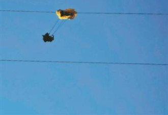 滑翔伞爱好者被困在高压线上 高空救援