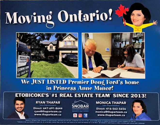 Premier Doug Ford has asked the real estate agent selling his Etobicoke house to stop distributing flyers like this.