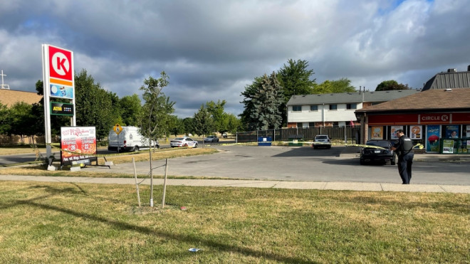 Police have a business taped off in the area of Admiral Drive near Trafalgar Street on July 12, 2022. (Sean Irvine/CTV News London)