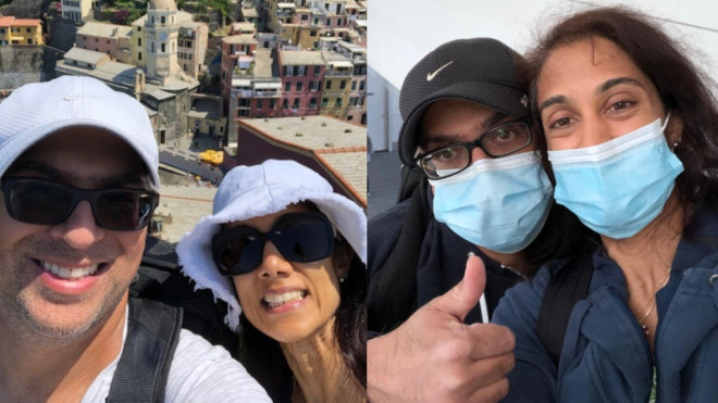 Shaun Mehta (left) and his wife Elaine (right) are seen in Cinque Terre in the first photo and after landing in Toronto in the second (Supplied). 